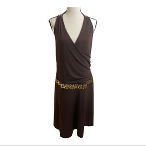 Torrid womens halter faux wrap dress. Gold dot trim. Size 12. Brown drop…